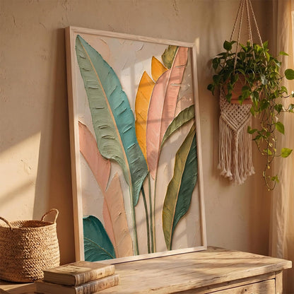 Decorative Modern Leaf Wall Art Painting With Frame | Leaf Painting For Living Room Bed Room Hotel Wall Decor Digital Reprint (14X20 inch)