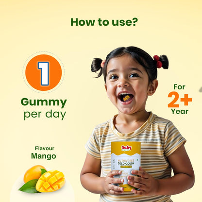 BabyOrgano Cough & Cold Relief Gummies for Kids 2+ Years | Yashtimadhu, 95% Curcumin, Ginger & Honey | Non-Drowsy Ayurvedic | Gelatin Free Gluten Free | Mango Flavour | 30 Gummies