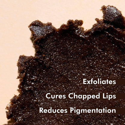 Close-up of a dark brown lip exfoliant with text on a beige background