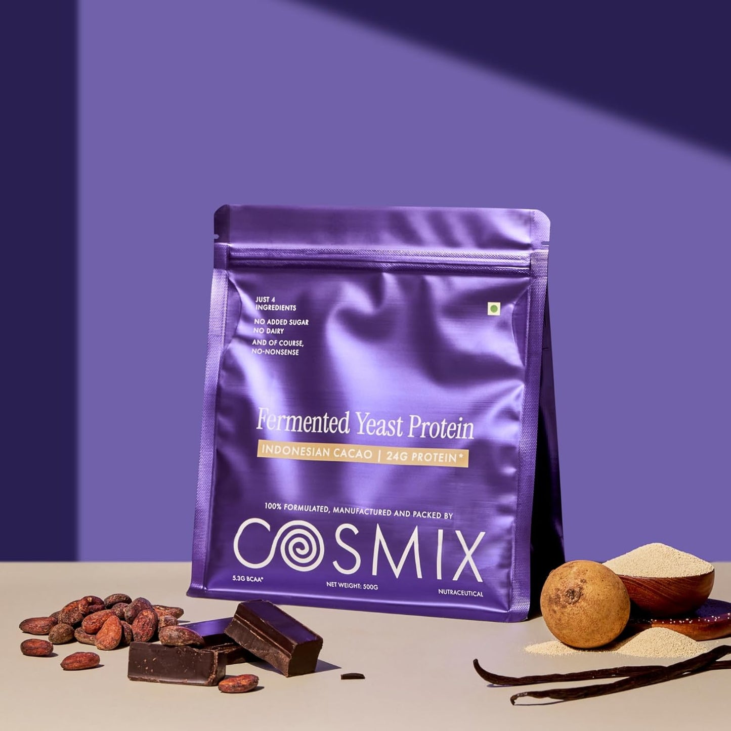 Cosmix Fermented Yeast Protein Powder | 24g Protein | Pure Single-Source Plant Protein | Made In-House | Smooth, Crazy tasty & Gut-Friendly | Indonesian Cacao, 500g Pouch