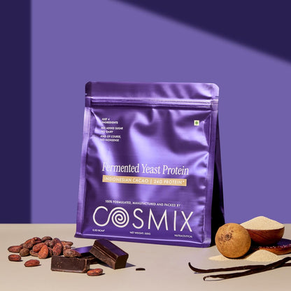 Cosmix Fermented Yeast Protein Powder | 24g Protein | Pure Single-Source Plant Protein | Made In-House | Smooth, Crazy tasty & Gut-Friendly | Indonesian Cacao, 500g Pouch