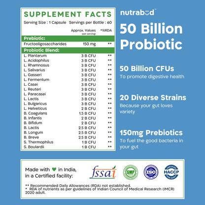Nutrabud Probiotic Supplement 50 Billion CFU - 60 Veg Capsules - Probiotic for Gut Health Supplements - Supports Digestion & Immunity (60 Count (Pack of 1), Unflavoured)