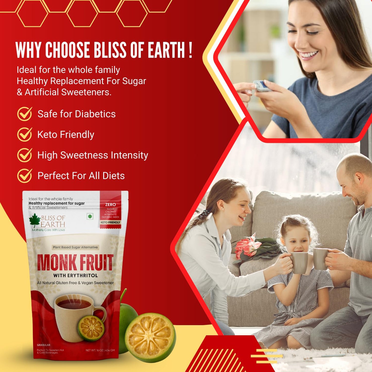 Bliss of Earth Monk Fruit Sweetener with Erythritol 1 lb (454g), 1:1 Zero Calorie Sugar Alternative, Keto Friendly, No Aftertaste, Zero Glycaemic Natural Sweetener,