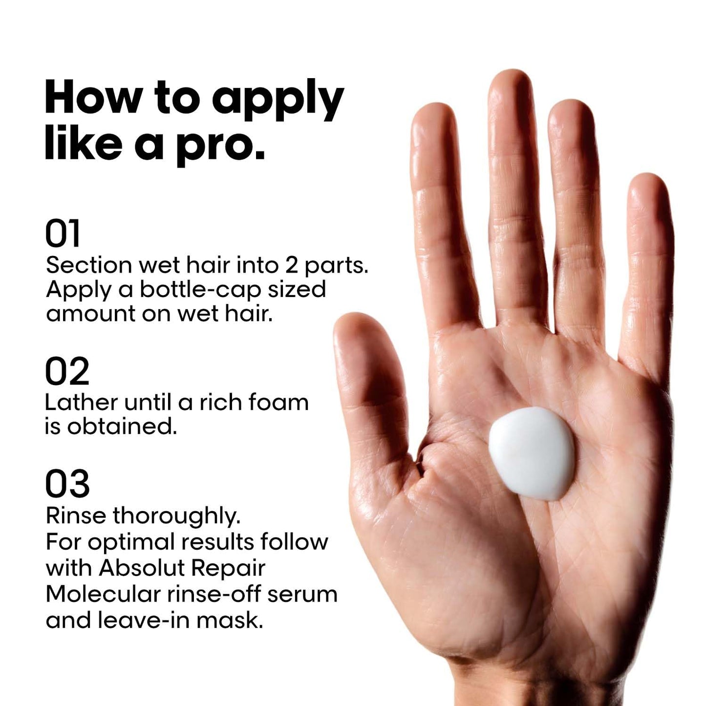 Hand with a bottle cap-sized amount of product on a white background, showing how to apply it.