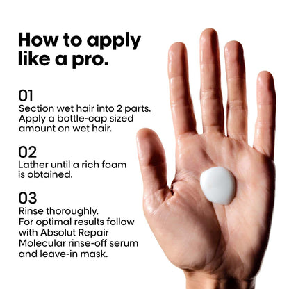 Hand with a bottle cap-sized amount of product on a white background, showing how to apply it.