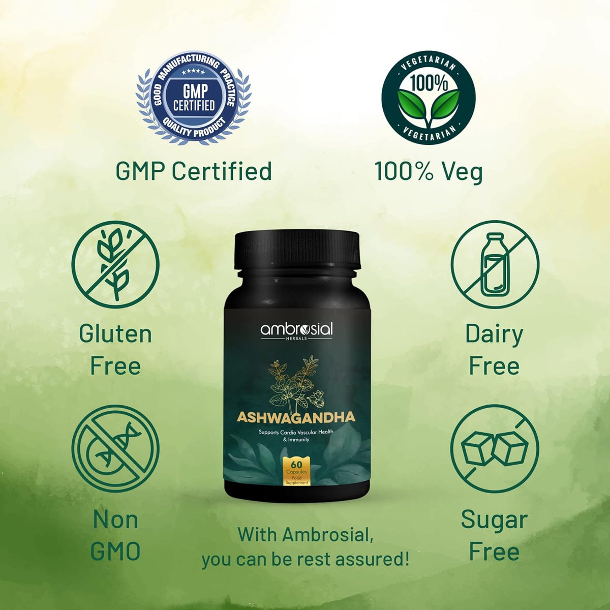Bottle of Ashwagandha supplement with certification icons on a green background