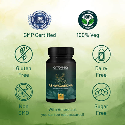 Bottle of Ashwagandha supplement with certification icons on a green background