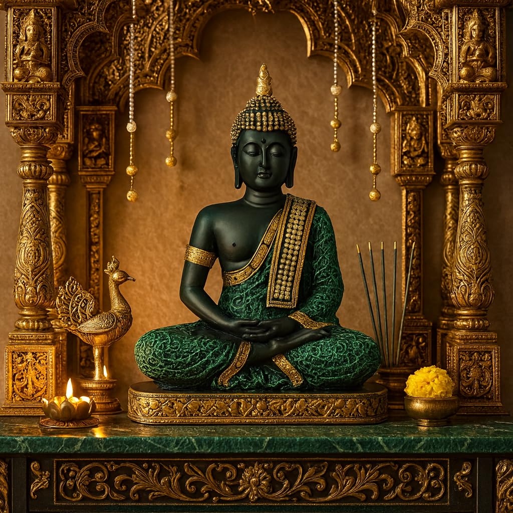 Beautiful Resin Meditating Buddha Statue for Home Decor (Pack of 1, Green & Black)