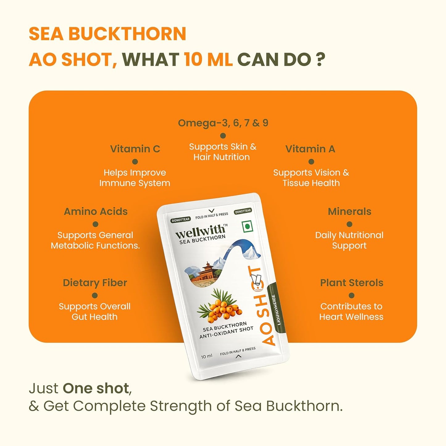 Wellwith Sea Buckthorn Berry AO Shots (150ml,15 Sachet), Pack of 1| Daily Antioxidant & Vitamin C Drink | Supports Immunity, Skin Glow & Energy