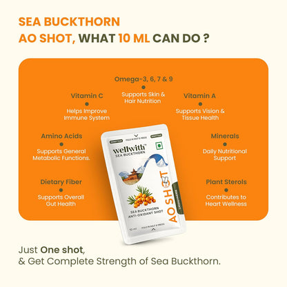 Wellwith Sea Buckthorn Berry AO Shots (150ml,15 Sachet), Pack of 1| Daily Antioxidant & Vitamin C Drink | Supports Immunity, Skin Glow & Energy