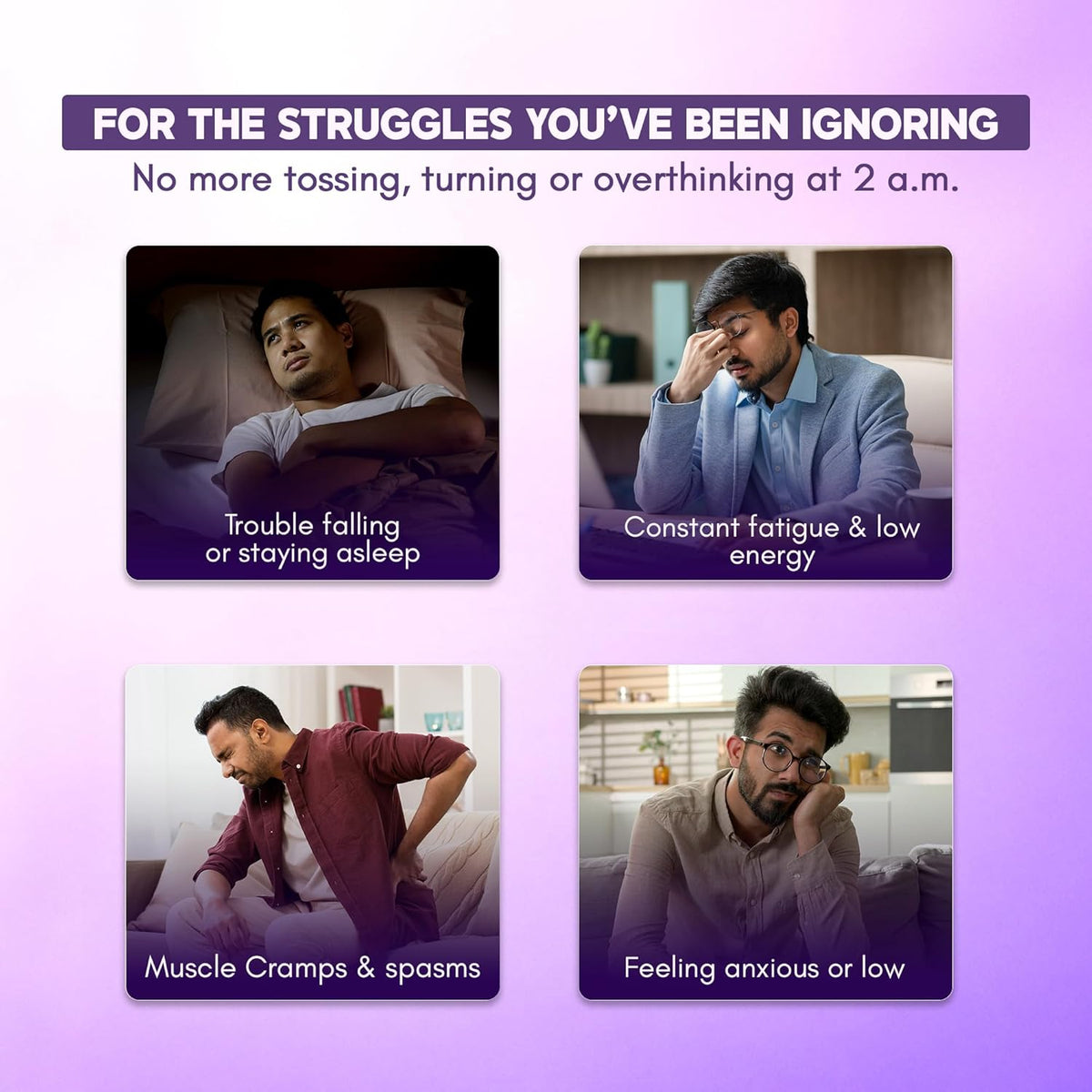 Four images of people experiencing sleep issues with text on a purple background.