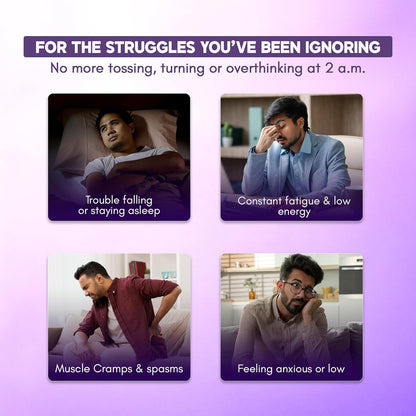 Four images of people experiencing sleep issues with text on a purple background.