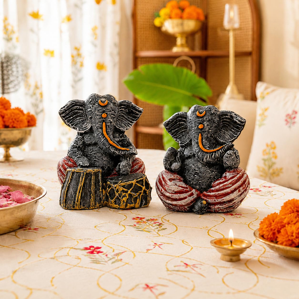Beautiful Resin Ganesha Pair for Home Decor | Brings Prosperity - (Grey & Red, Pack of 2)
