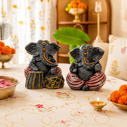Beautiful Resin Ganesha Pair for Home Decor | Brings Prosperity - (Grey & Red, Pack of 2)