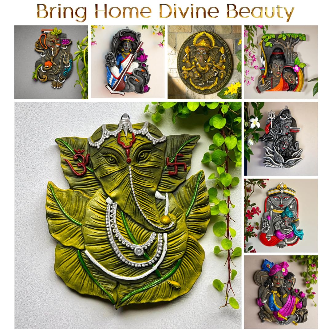 Patta Leaf Ganesh Ji Terracotta Wall Hanging Idol Murti| Ganpati Bappa Ganesha Wall Hanging for Door Entrance, Main Gate, Mandir, Home & Office Decor | Spiritual Wall Decor (23x20 CM)
