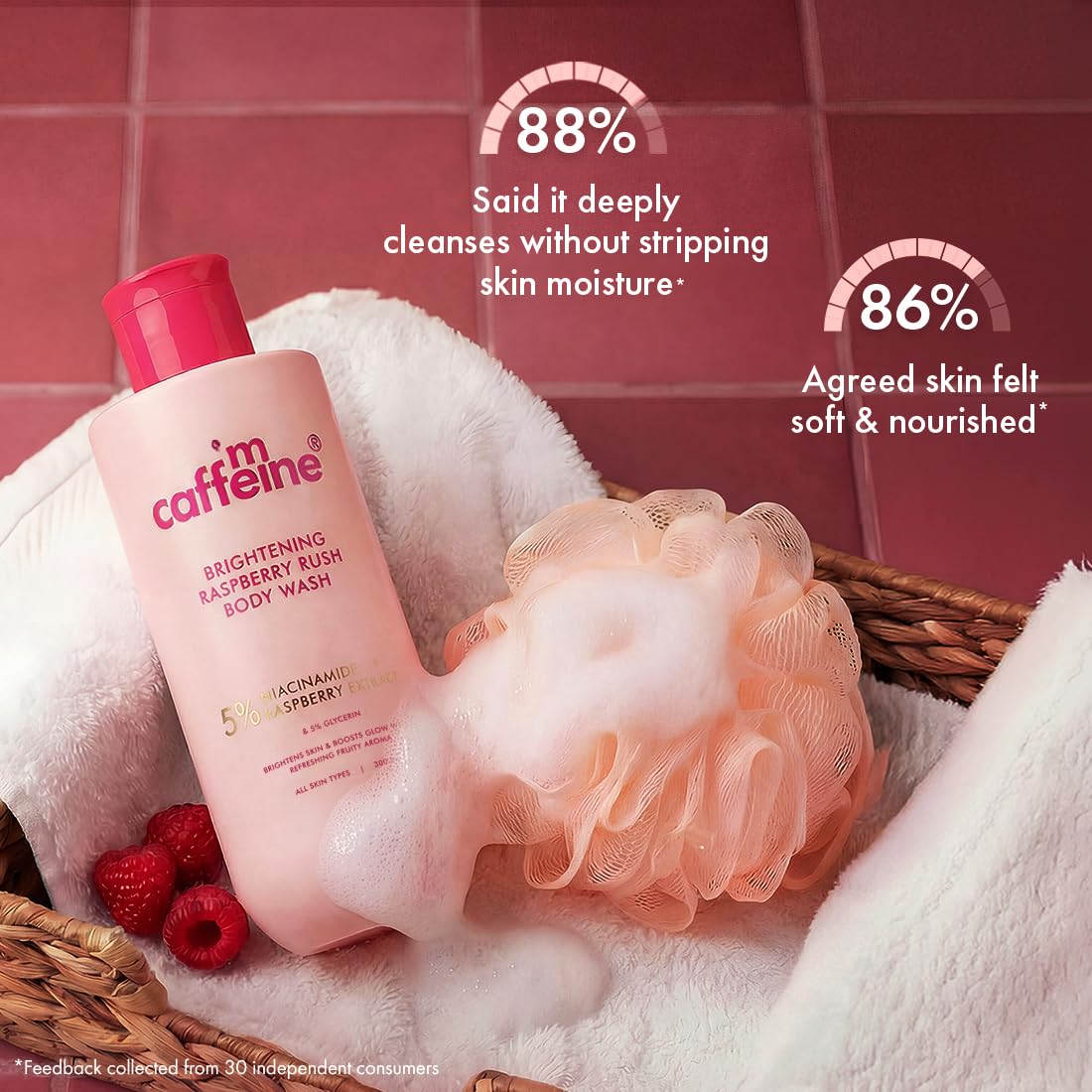 mCaffeine Brightening Body Wash - 5% Niacinamide & Raspberry | Summer Body Wash for Dry Skin | Vitamin C & Glycerin Hydration | Boosts Glow, Deep Cleanses & Softens Skin | Fruity Shower Gel - 300ml