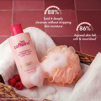 mCaffeine Brightening Body Wash - 5% Niacinamide & Raspberry | Summer Body Wash for Dry Skin | Vitamin C & Glycerin Hydration | Boosts Glow, Deep Cleanses & Softens Skin | Fruity Shower Gel - 300ml