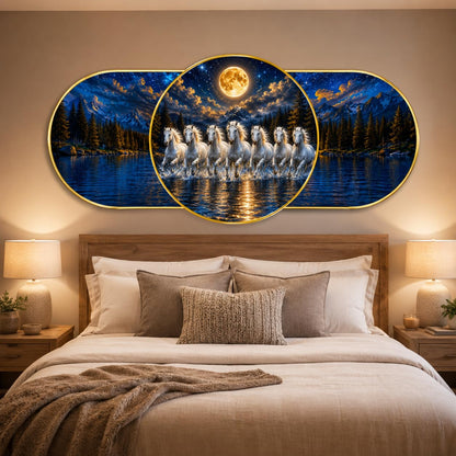 7 Running Horses Moonlight Wall Painting for Living Room Bedroom Decor, Blue Mountain Lake Round Art with Premium PVC Golden Frame (16 x 35 Inch)