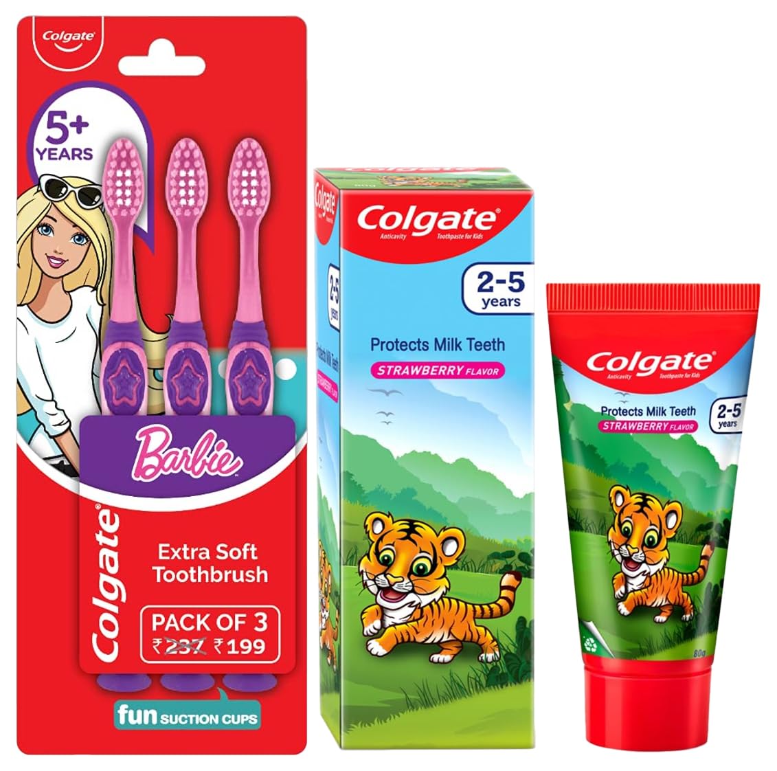Colgate Kids Barbie Manual Toothbrush, Extra Soft with Tongue Cleaner (Pack of 3) & Kids Anticavity Toothpaste for 2-5 Years - 80gm (Strawberry flavour) COMBO