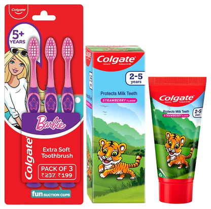 Colgate Kids Barbie Manual Toothbrush, Extra Soft with Tongue Cleaner (Pack of 3) & Kids Anticavity Toothpaste for 2-5 Years - 80gm (Strawberry flavour) COMBO