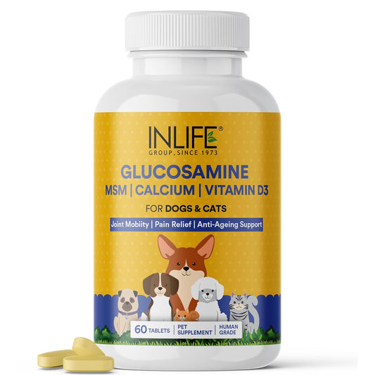 INLIFE Glucosamine Tablets for Dogs & Cats | with MSM Calcium & Vitamin D3 | Cartilage, Bone & Joint Health Supplement - 60 Tablets