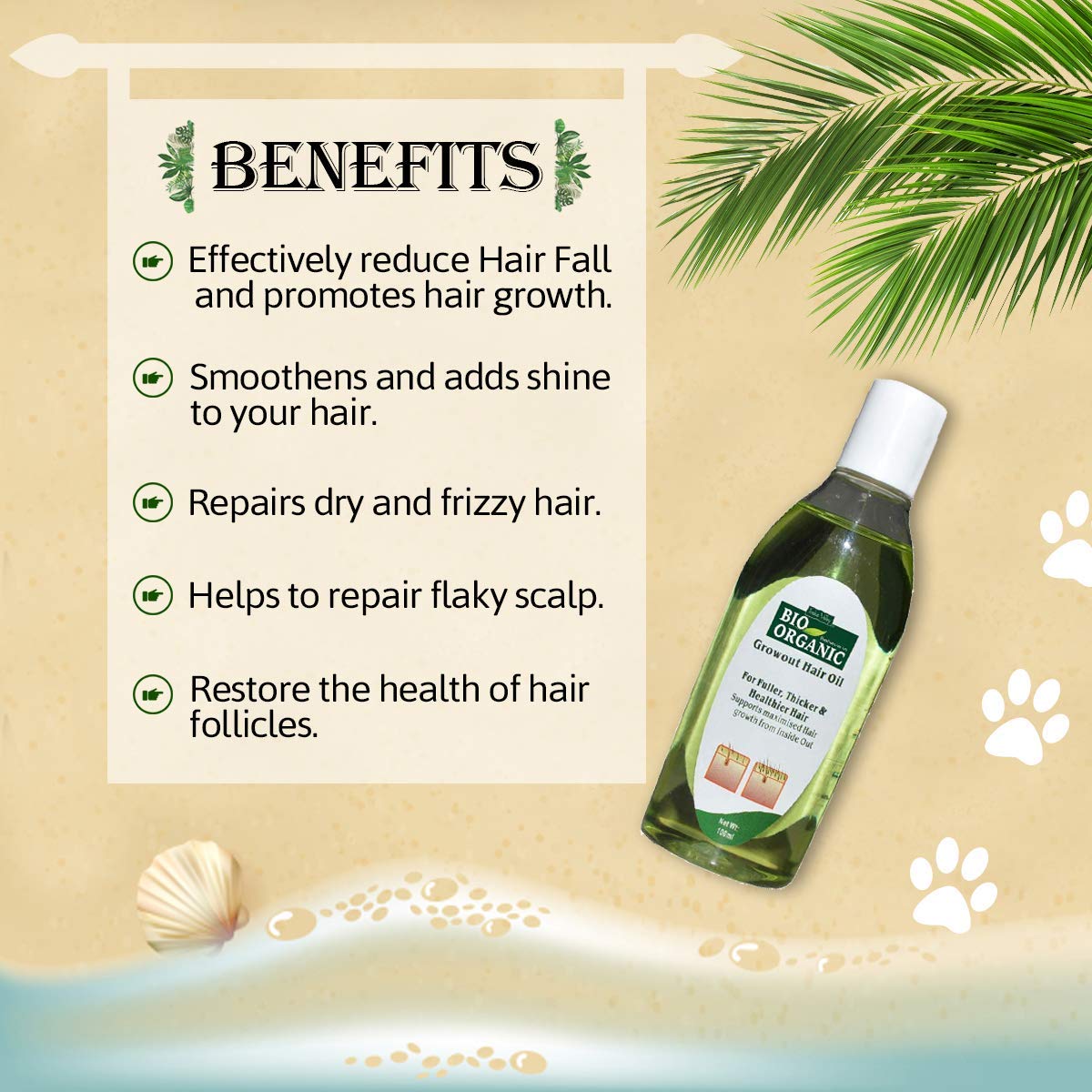 Bottle of hair oil with benefits listed on a decorative background