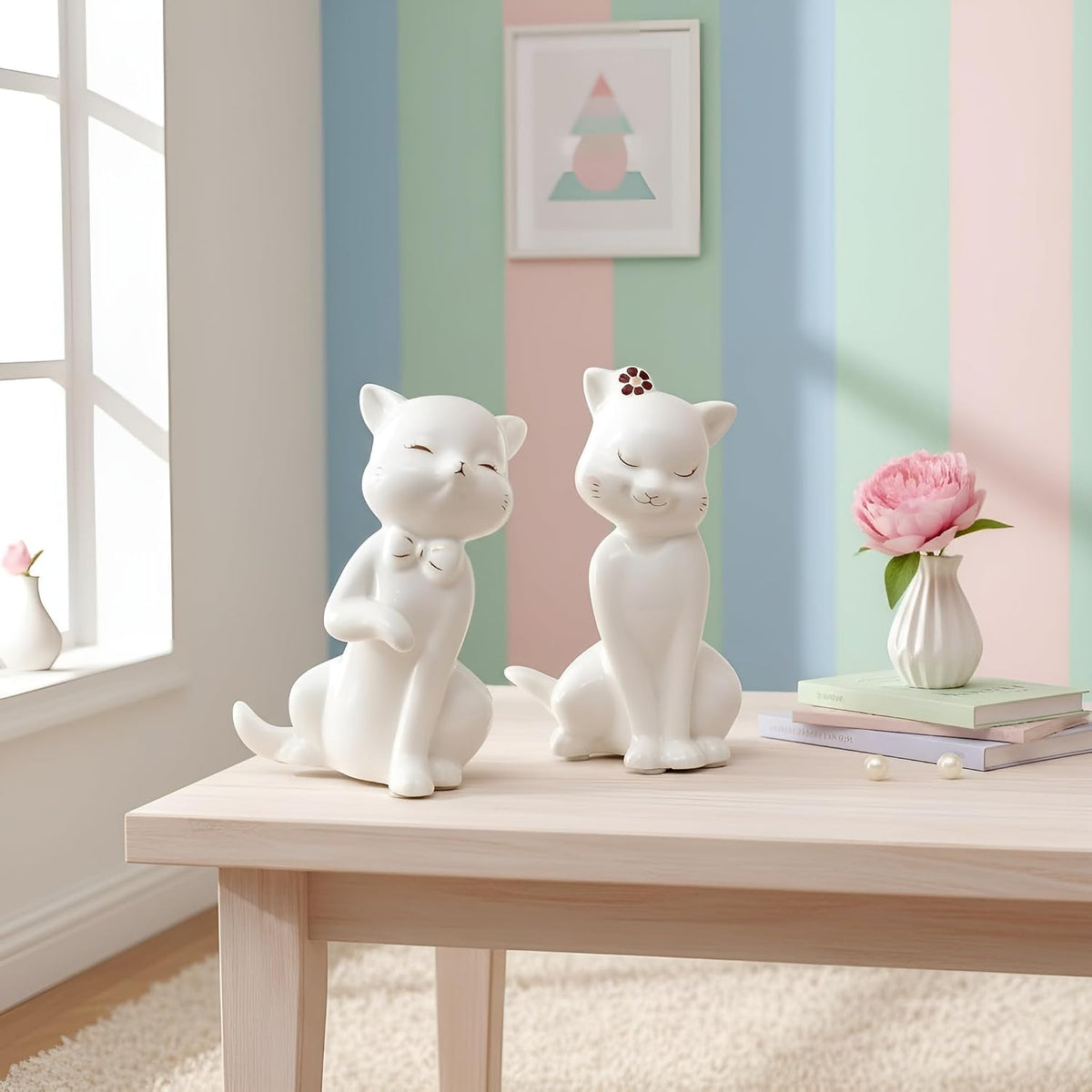 Charming Ceramic Cat Couple Figurines for Home Décor | Minimalist Cute Showpieces for Living Room, Bedroom, Shelf & Gifting (White, 14 cm, Set of 2)