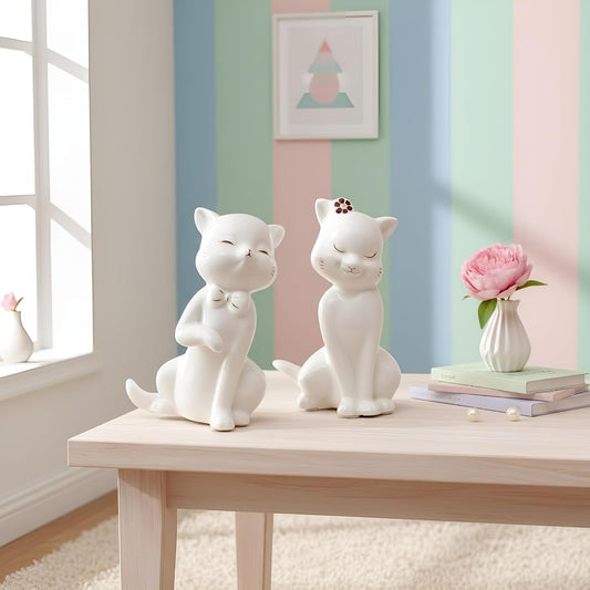 Charming Ceramic Cat Couple Figurines for Home Décor | Minimalist Cute Showpieces for Living Room, Bedroom, Shelf & Gifting (White, 14 cm, Set of 2)