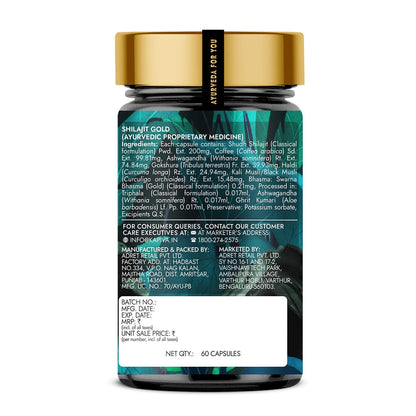 Bottle of Shilajit Gold with gold cap on a white background