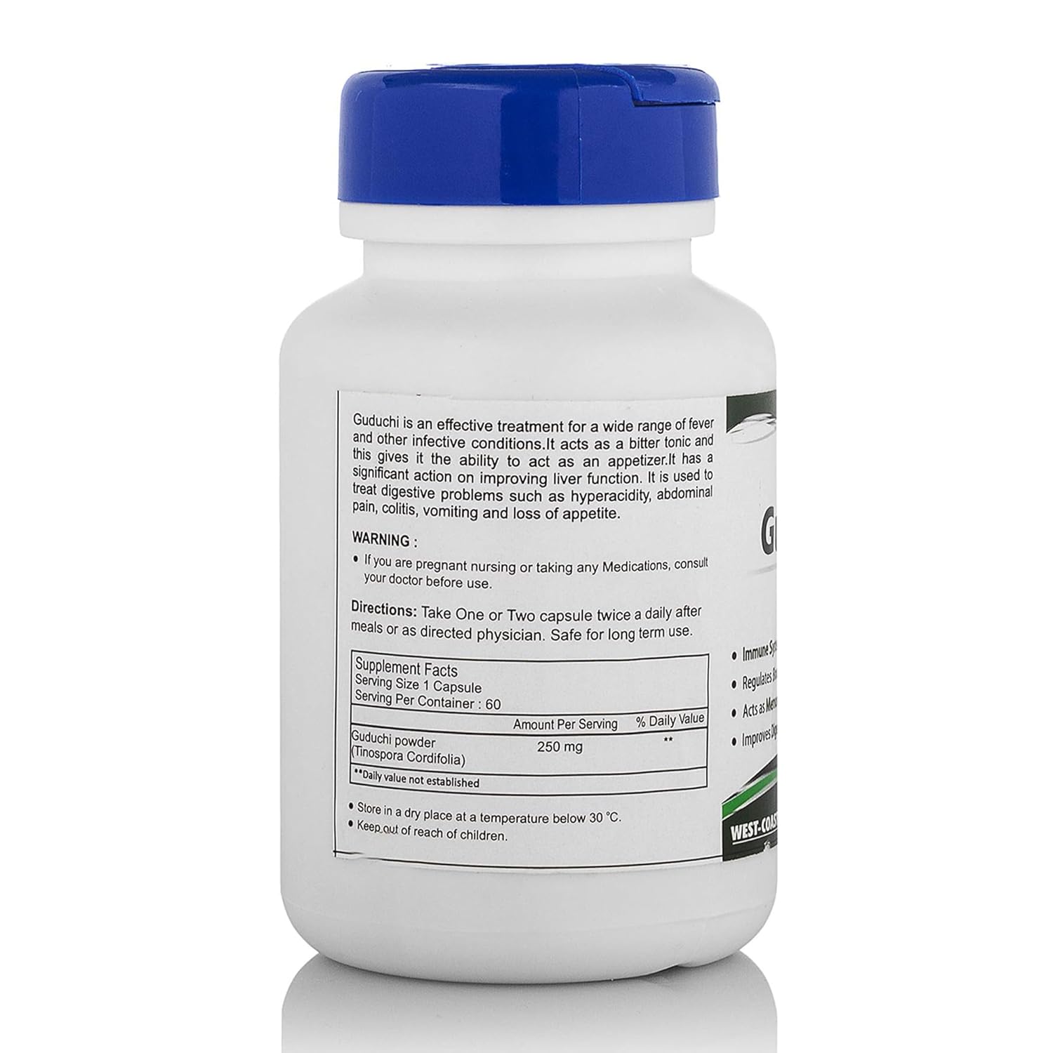 Supplement bottle with blue cap and label on a white background