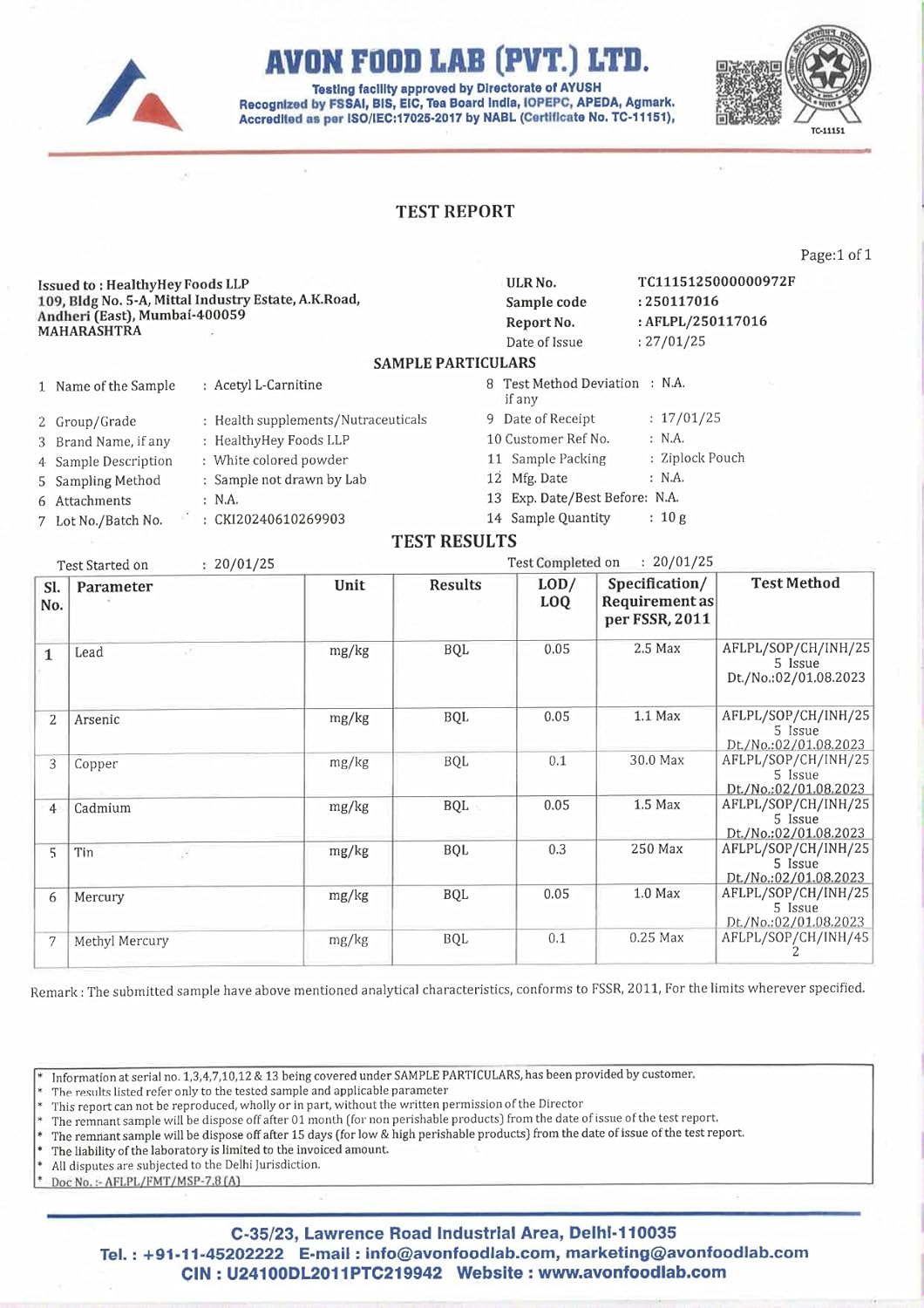 Avon Food Lab test report with various parameters and results.