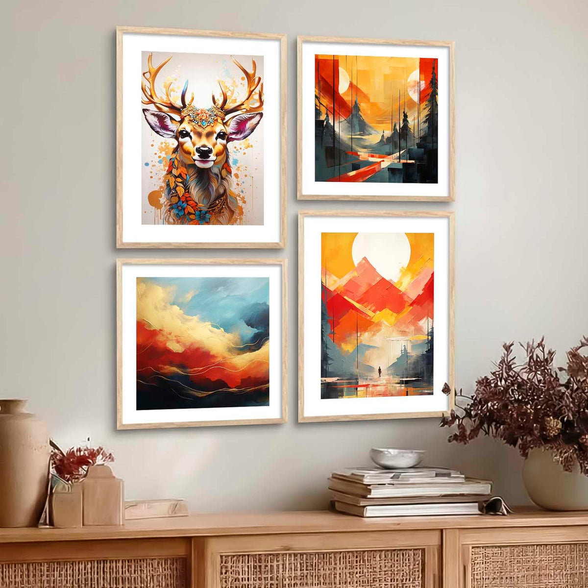 Premium Digital Paintings with Frame for Home Decoration - Painting for Living Room Bedroom Office - Painting for Wall Decoration - Pack of 4 (J)