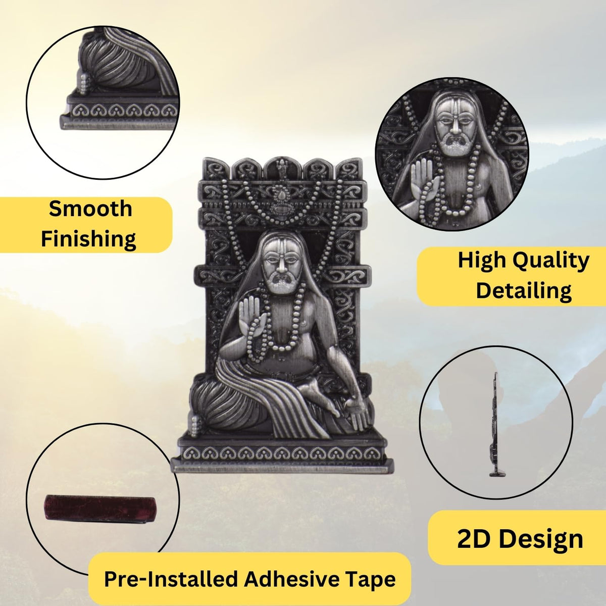 Shri Raghavendra Swami Idol for Car Dashboard | Sri Raghavendra Swamy Murti | Spiritual Blessings & Protection | Golden, Silver Black, Copper, Brass Finishes | Anti-Slip Base(S979-OXI)