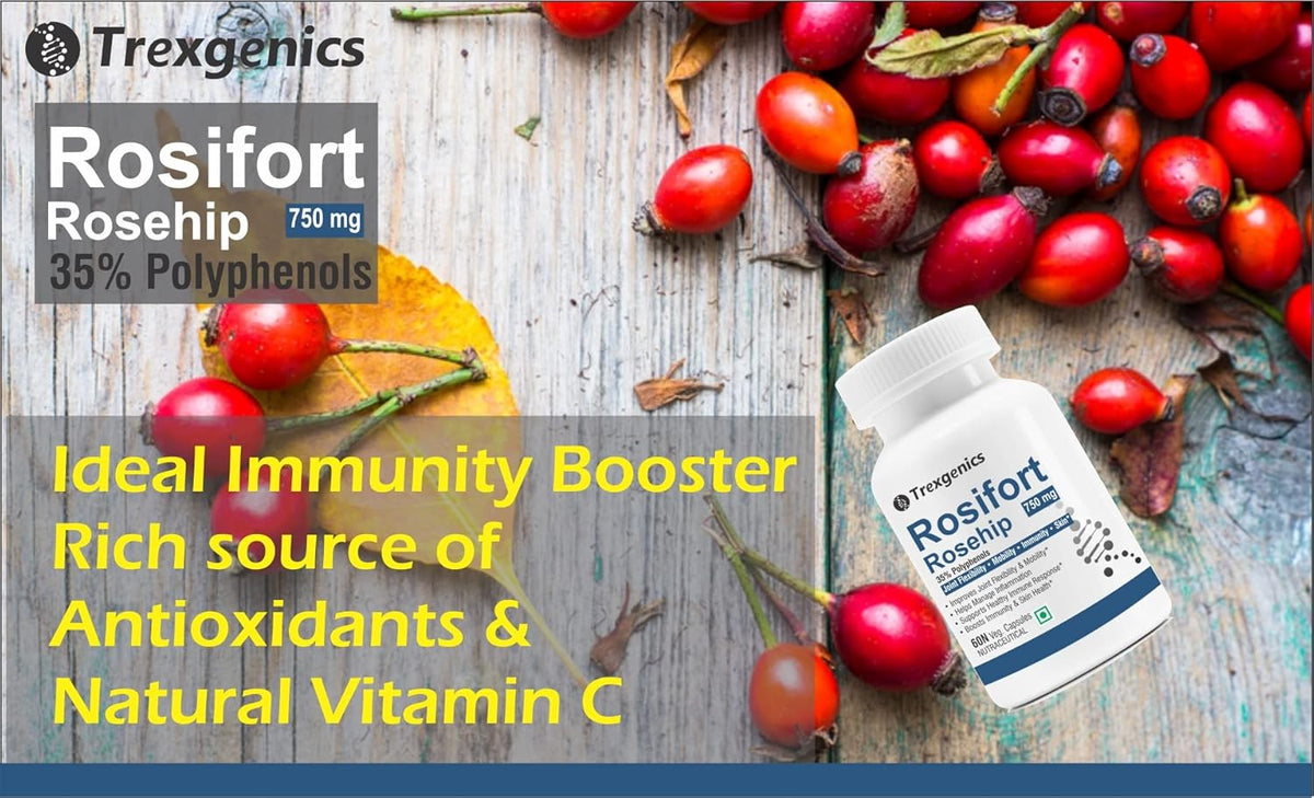 Rosifort Rosehip supplement bottle with rosehips on a wooden surface, featuring text about antioxidants and natural vitamin C.