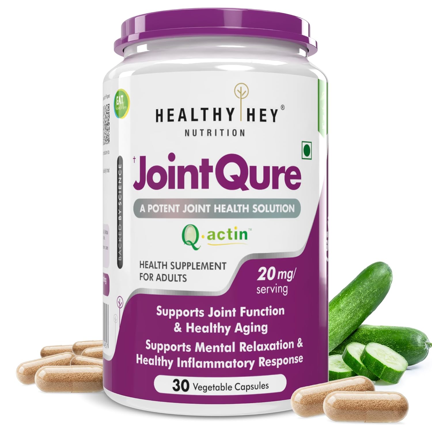 Supplement jar labeled 'JointQure' by Healthy Hey Nutrition with capsules and cucumbers on a white background