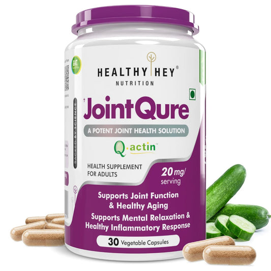 Supplement jar labeled 'JointQure' by Healthy Hey Nutrition with capsules and cucumbers on a white background
