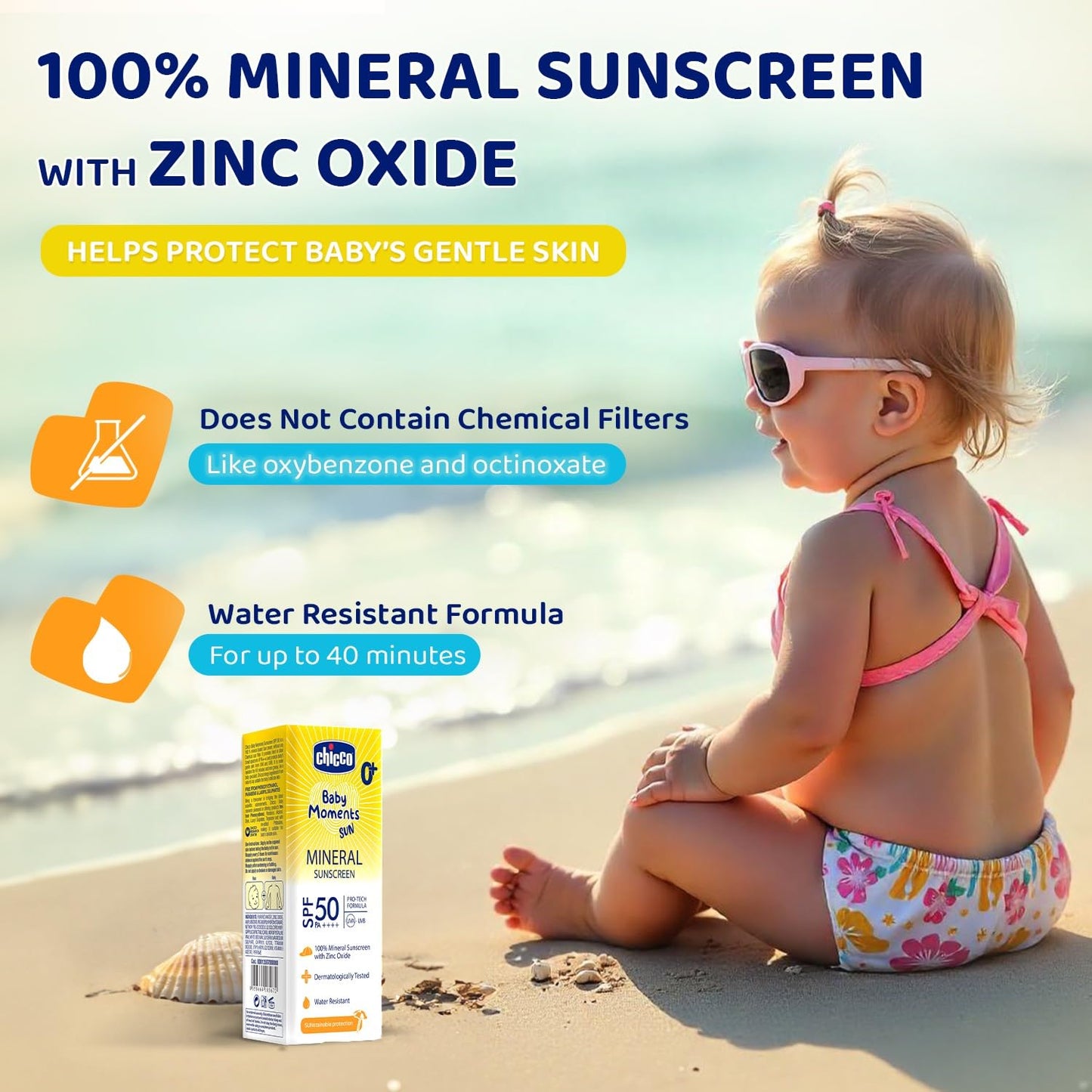 Chicco Baby Moments Mineral Sun Cream SPF 50 for Babies, 75g| 100% Mineral Sunscreen | PA++++ | UVA and UVB Protection | Phenoxyethanol, Parabens & Lauryl Sulphates Free