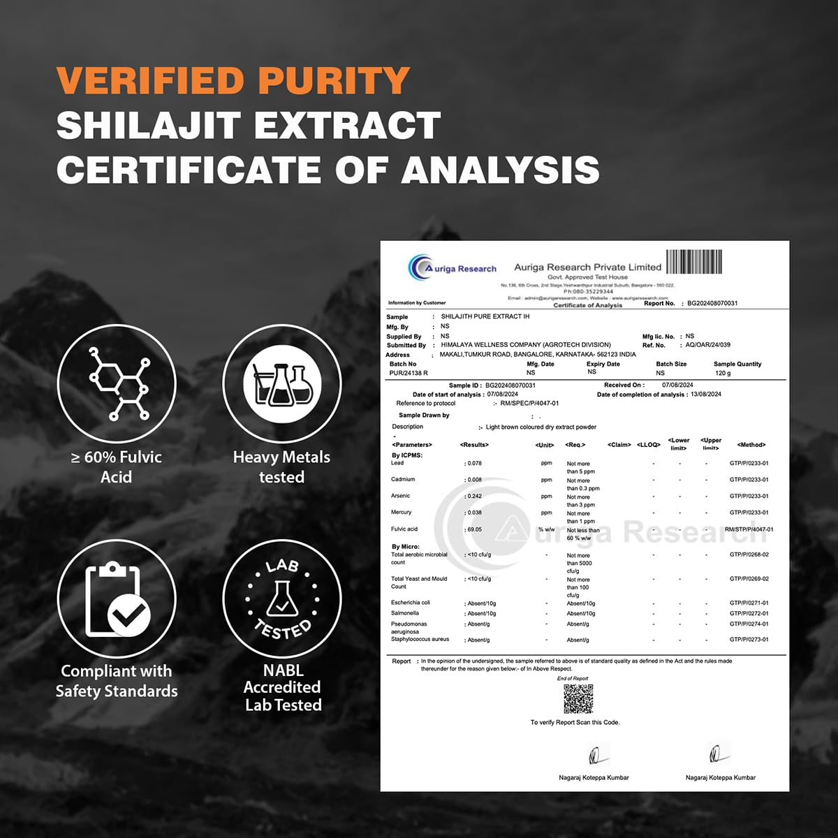 Shilajit extract certificate of analysis with verified purity details on a dark background
