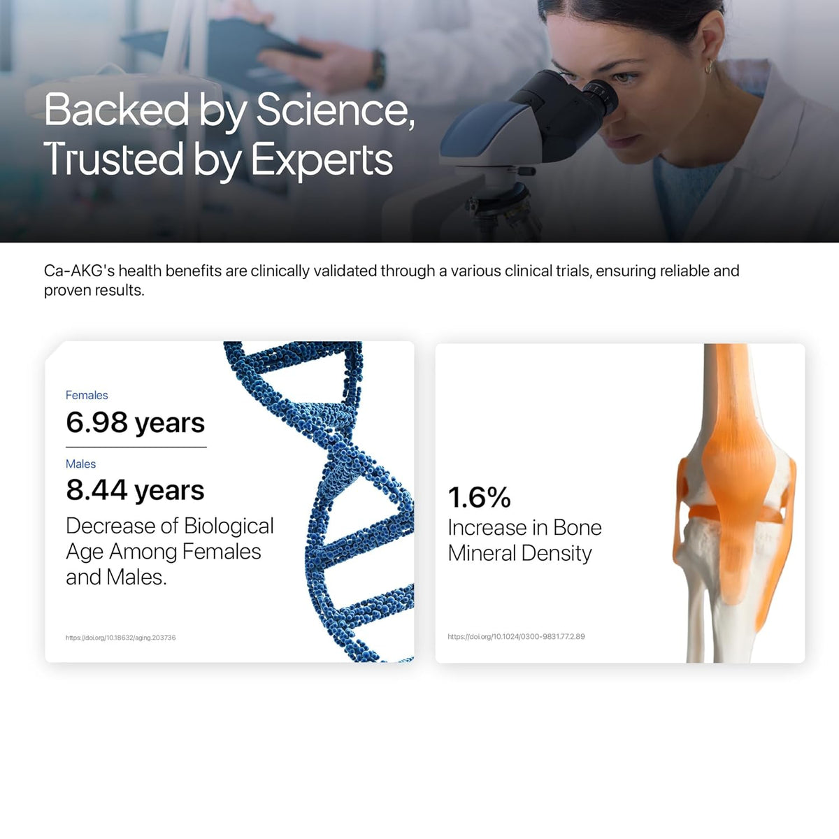 Advertisement featuring a scientist with a microscope, DNA strand, and bone model with text about health benefits and clinical trials.