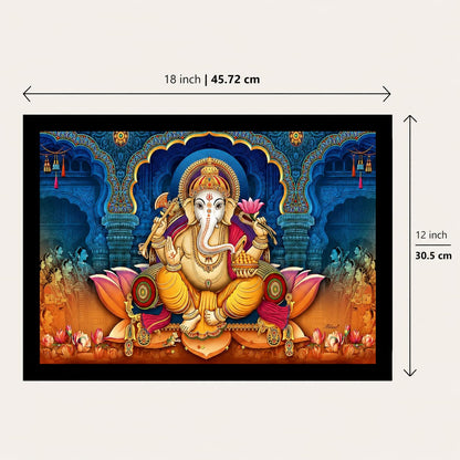 Wood Xtore Lotus Ganesha Art Framed Religious Painting, Ready to Hang (12inch x 18 inch, Multicolor)