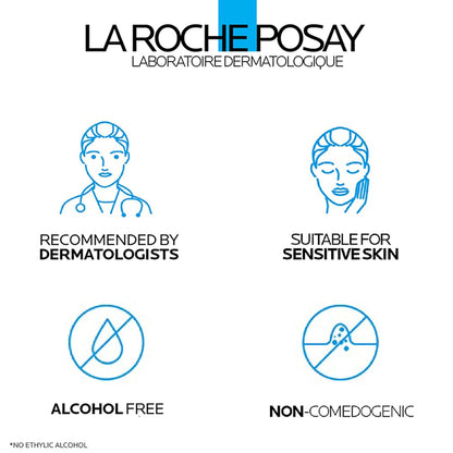 La Roche-Posay branding with icons indicating dermatologist recommendation, suitability for sensitive skin, alcohol-free status, and non-comedogenic properties.
