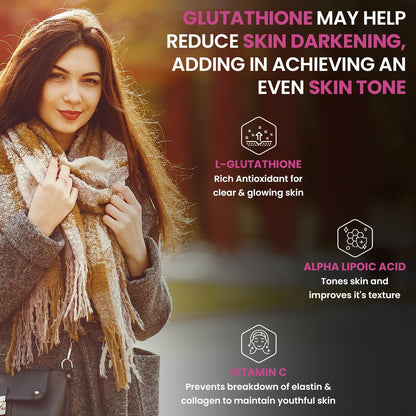 Woman wearing a scarf with text about glutathione, alpha lipoic acid, and vitamin C for skin health.