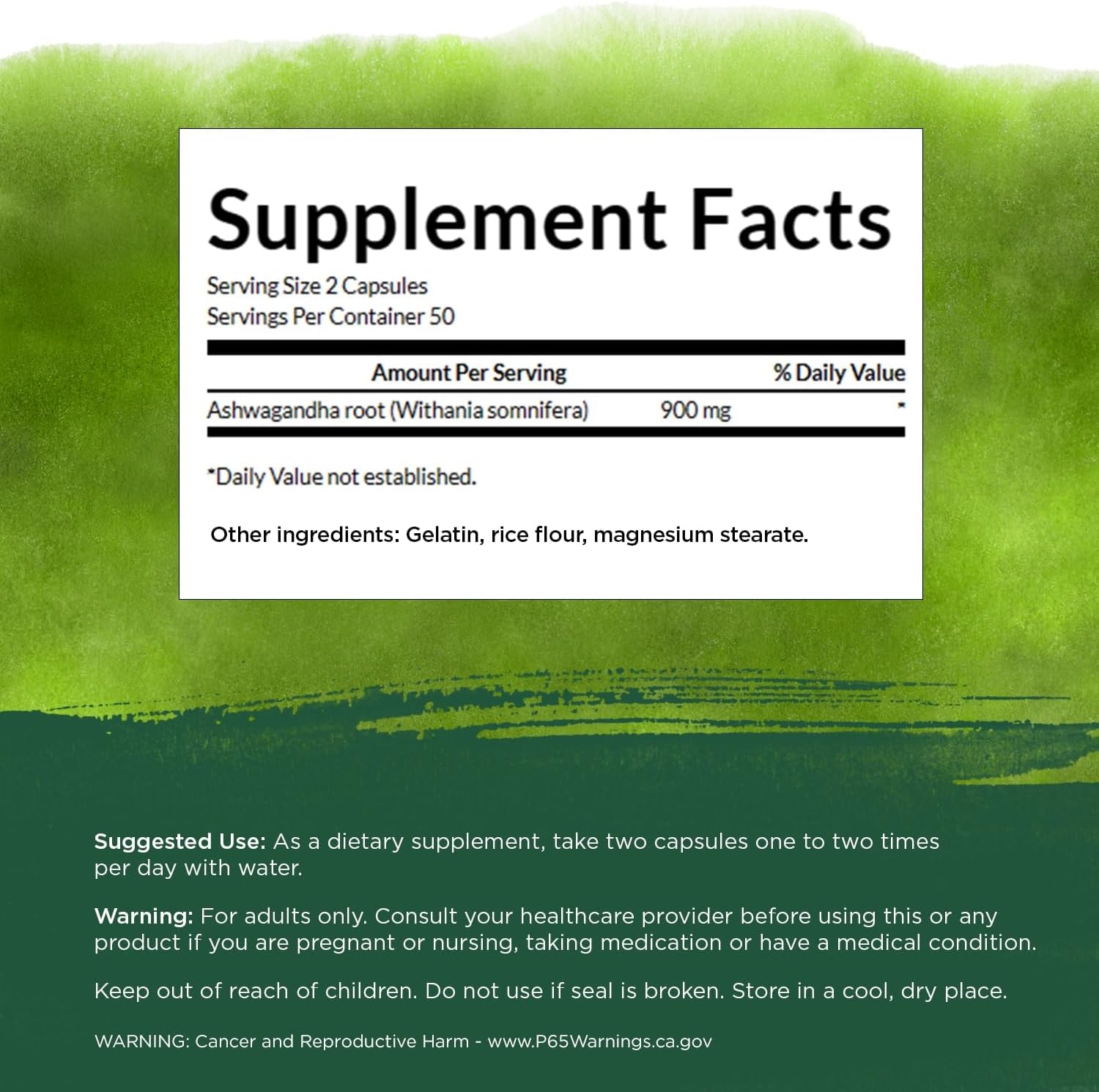 Supplement facts label for Ashwagandha root on a green background