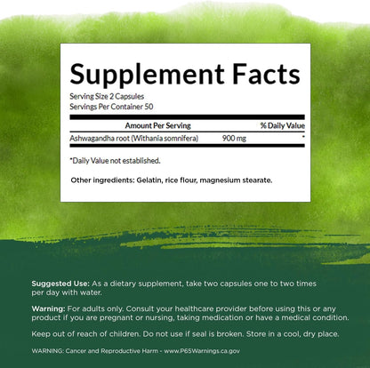 Supplement facts label for Ashwagandha root on a green background