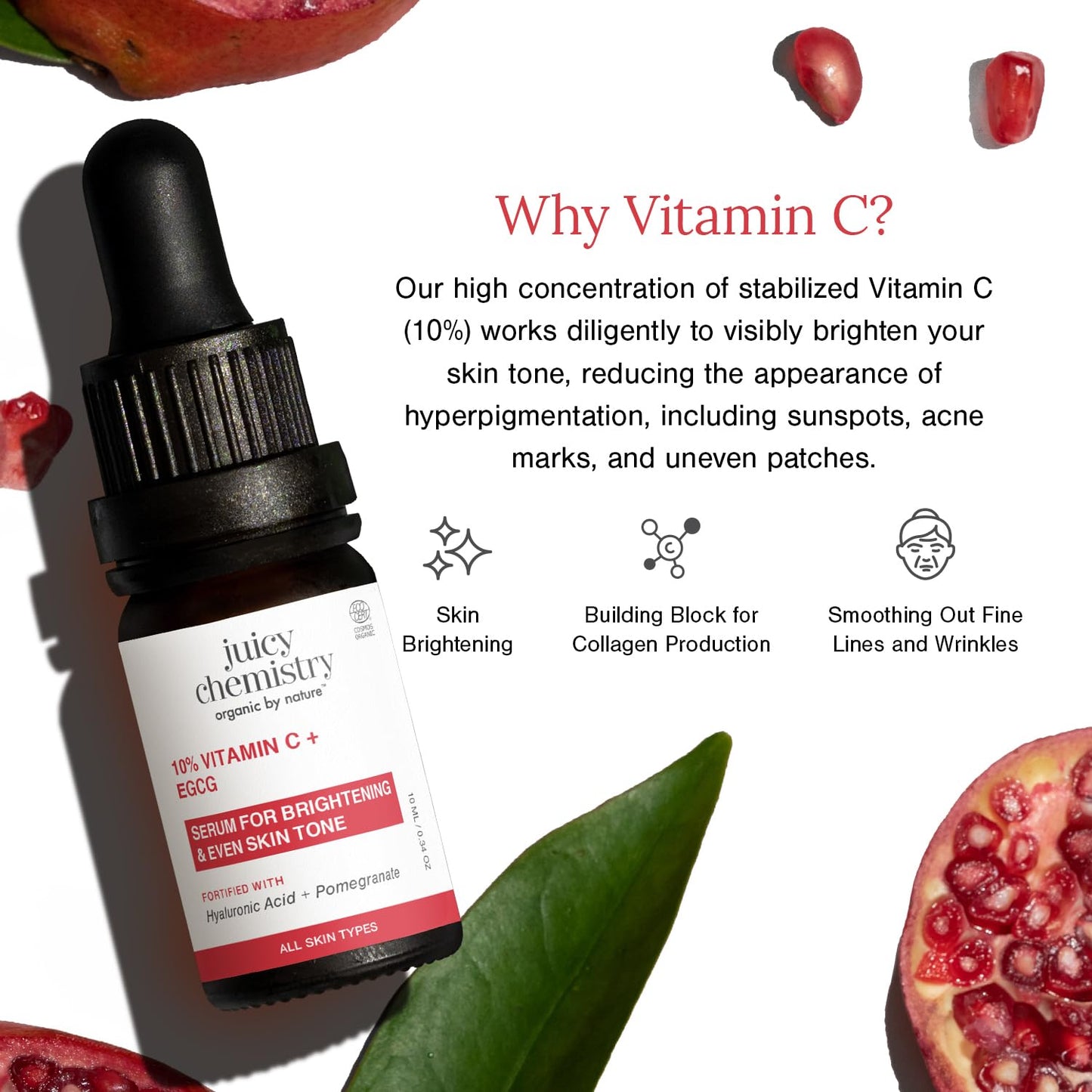Juicy Chemistry 10% Vitamin C + EGCG Serum, 10ml | Brightening & Antioxidant Face Serum | Brightens Skin Tone | Reduces Hyperpigmentation | Healthy Skin Barrier | Smoothens Fine Lines & Wrinkles | Dermatologically Tested