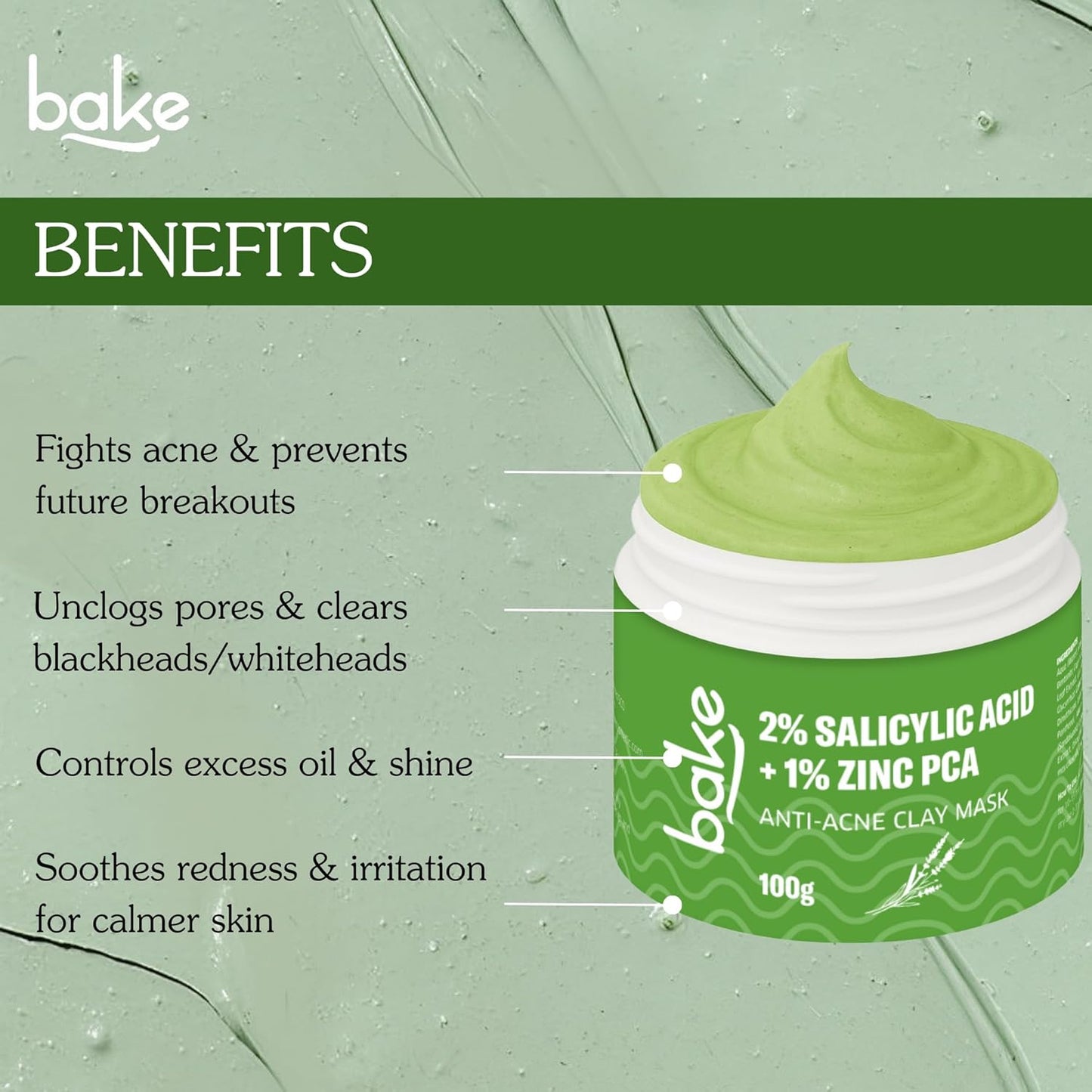 BAKE 2% Salicylic Acid Clay Mask Niacinamide for Acne Prone, Oily Skin, Open Pores & Blackheads | Anti Acne Clay Mask with Kaolin Clay | For Dark Spots, Oily Skin & Blemishes - 100g (Anti Acne)