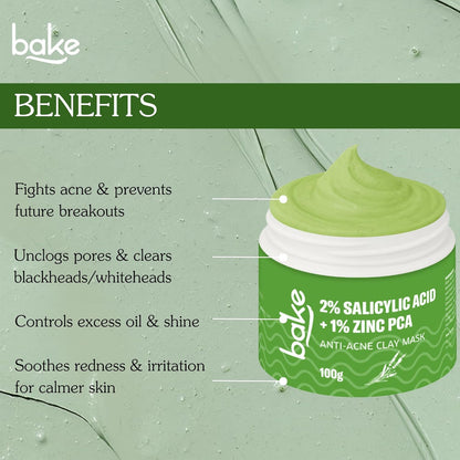BAKE 2% Salicylic Acid Clay Mask Niacinamide for Acne Prone, Oily Skin, Open Pores & Blackheads | Anti Acne Clay Mask with Kaolin Clay | For Dark Spots, Oily Skin & Blemishes - 100g (Anti Acne)