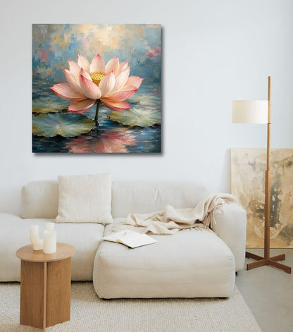 Lotus Flower Painting for Wall Vastu (15+ DESIGNS) Framed Lotus Canvas Painting for Living Room, Bedroom | Nature Floral Wall Art with Multiple Design Variations (Pink Single Lotus, 18x18 Inch, Framed)