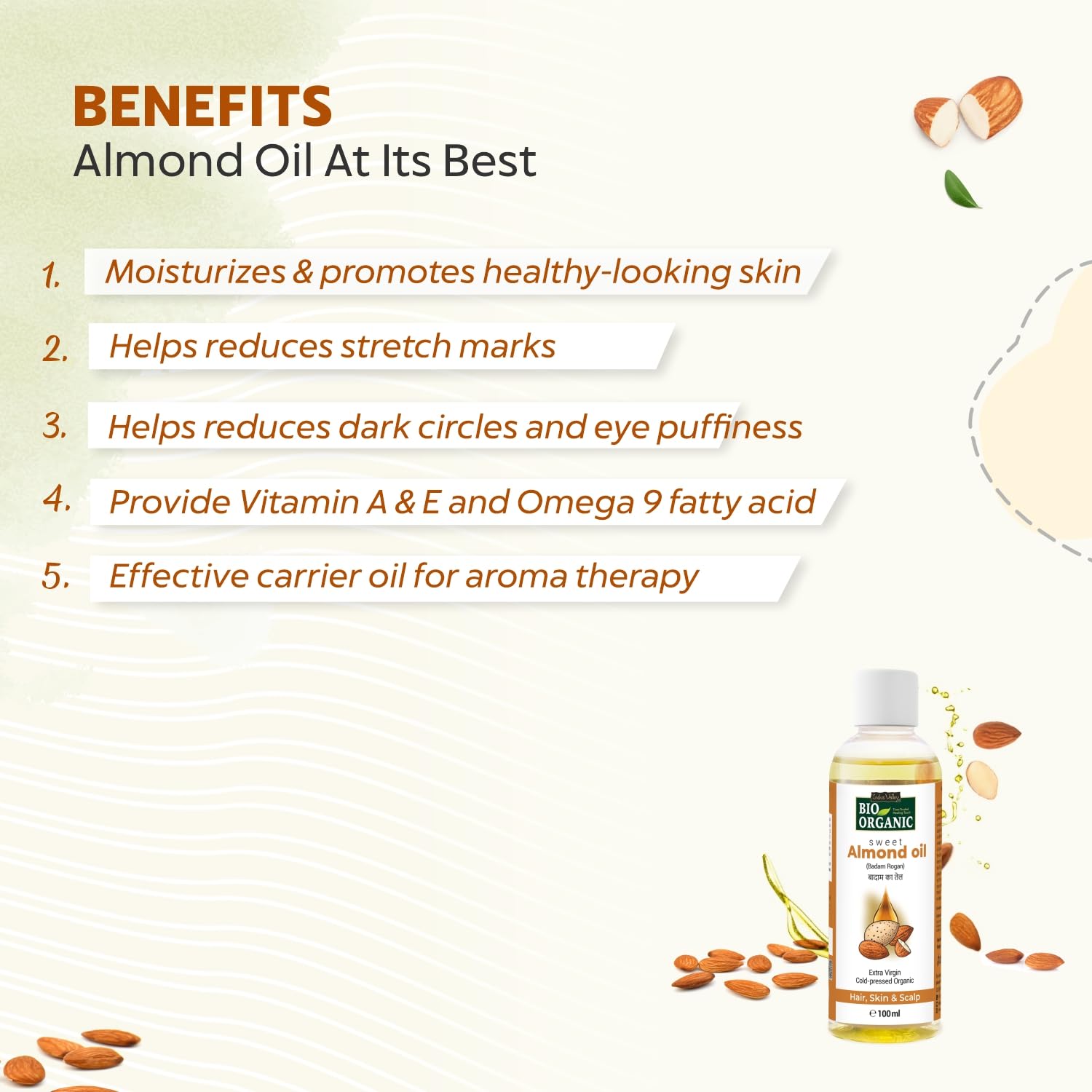 Bottle of almond oil with benefits listed on a light background