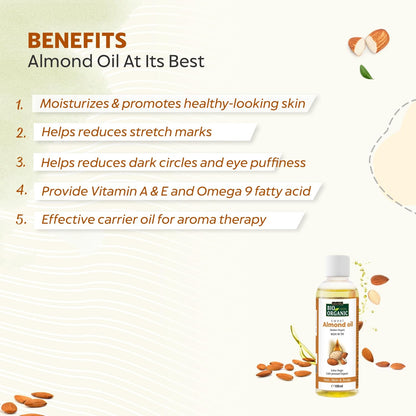 Bottle of almond oil with benefits listed on a light background